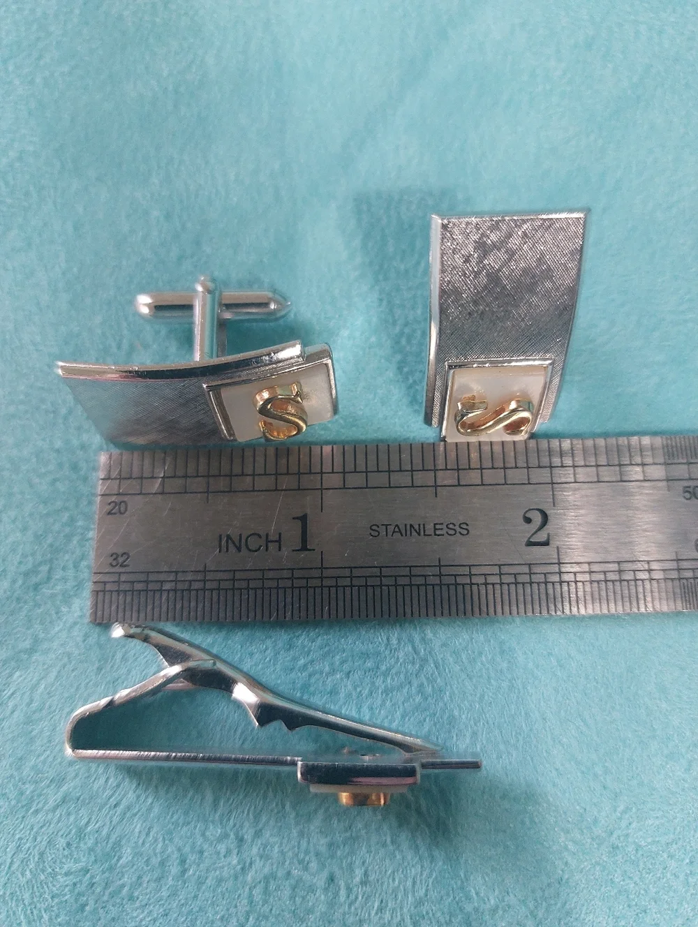 Swank Brushed Silvertone & Goldtone S Initial Cufflinks & Tie Clip Set, Vintage